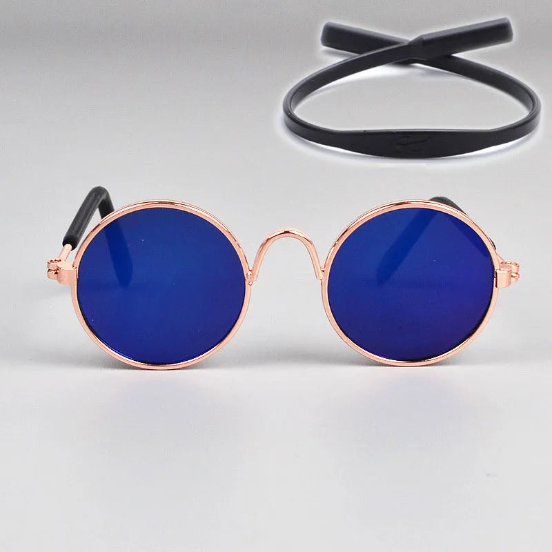 Round sunglasses for pet dog and cat with blue lenses and rose gold frame