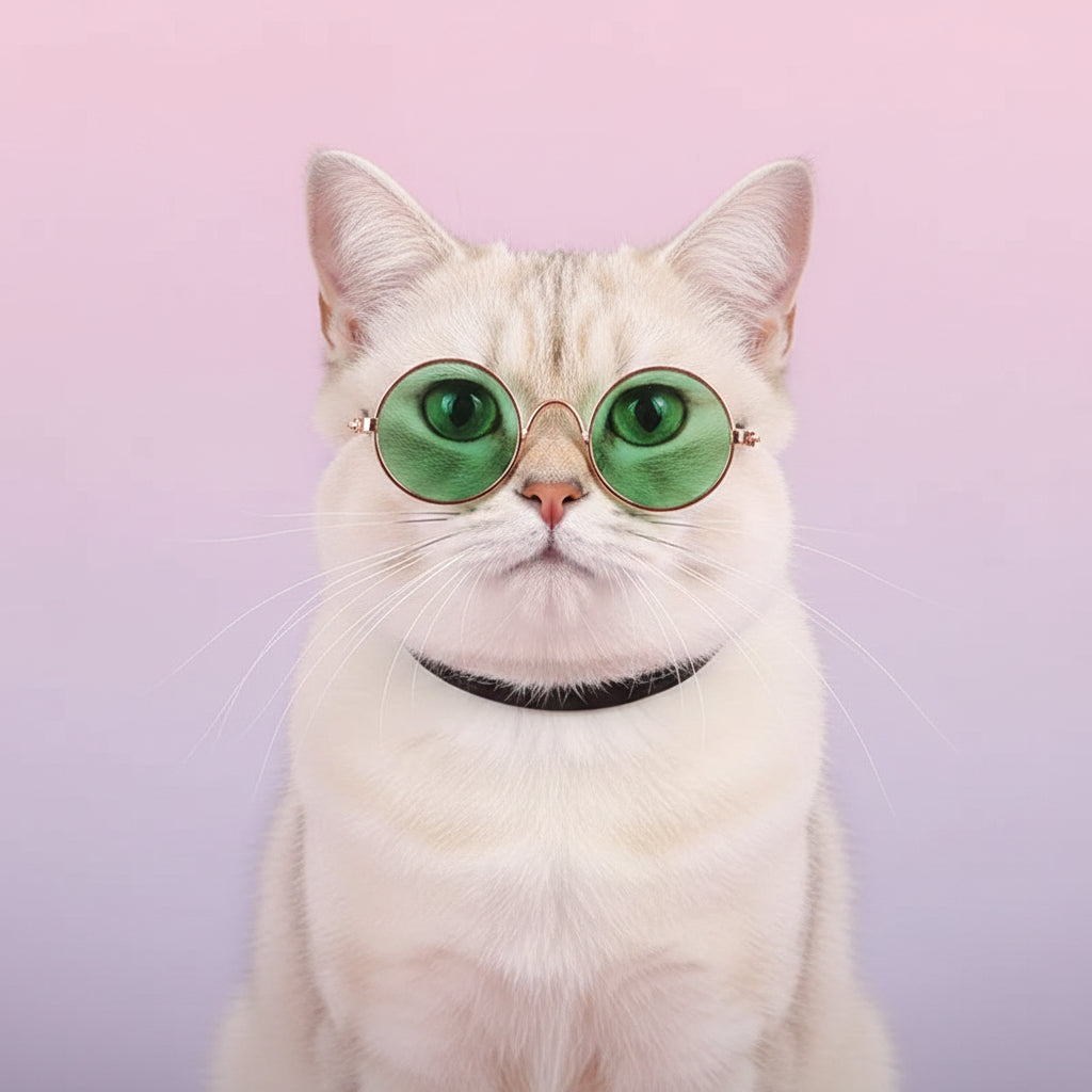 Round sunglasses with green lenses and rose gold frames for cats