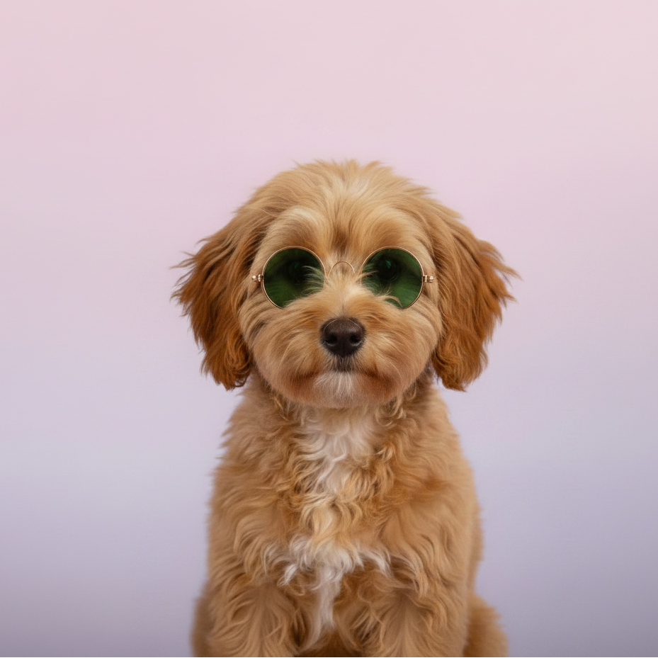 Round sunglasses with green lenses and rose gold frames for dogs