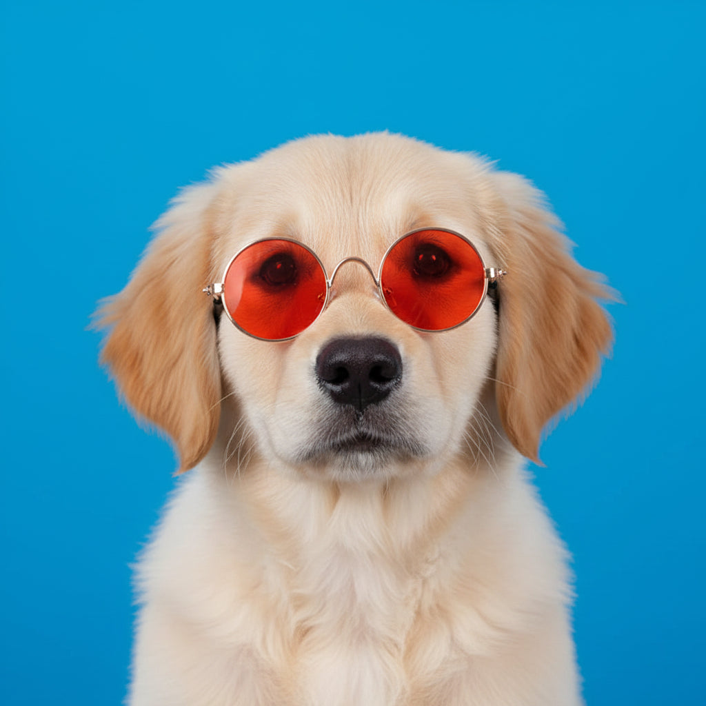 Round sunglasses with red lenses and black frames for dogs