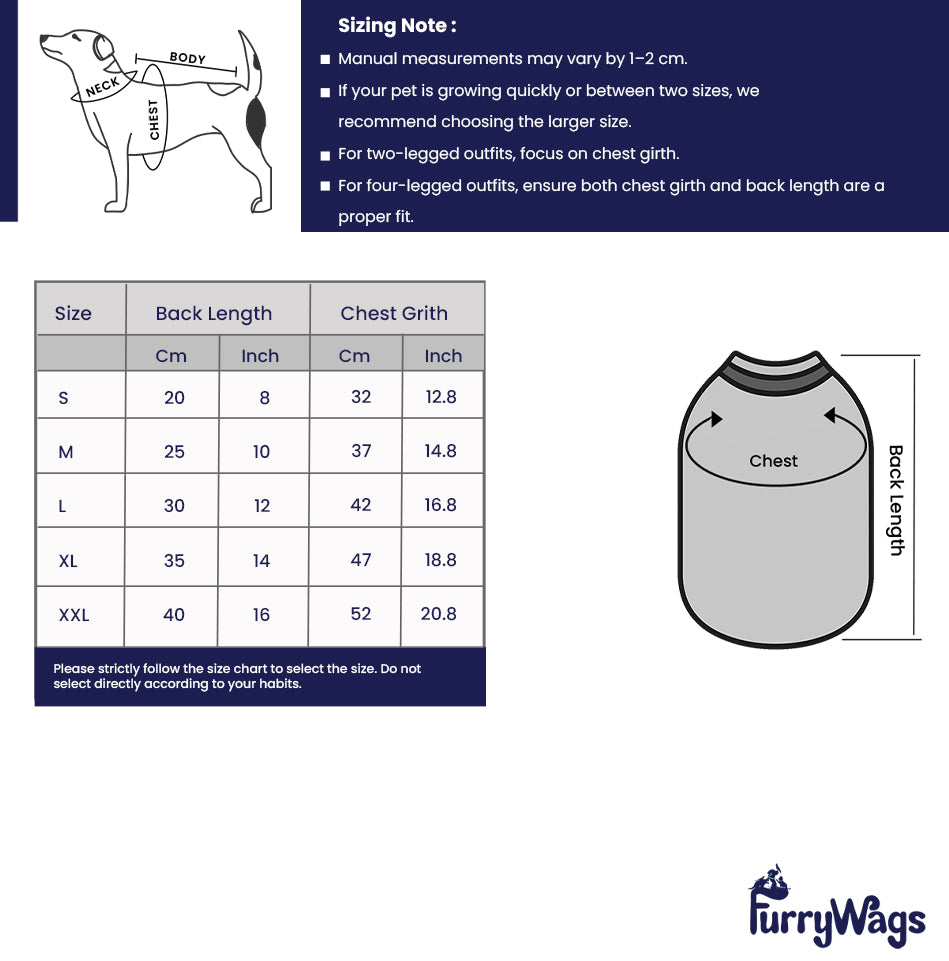 Size chart for dog outfits with measurements and FurryWags branding.