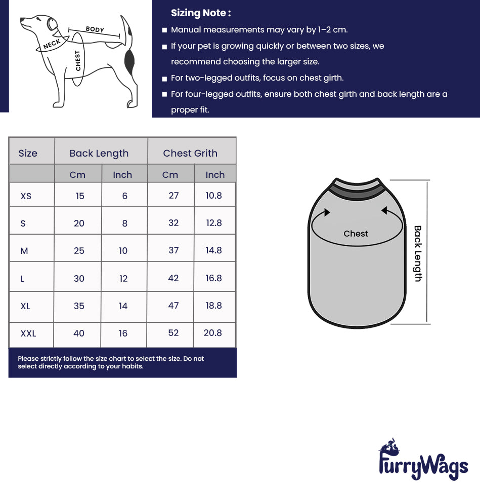 Sizing chart for dog outfits with measurements and Furry Wags branding.
