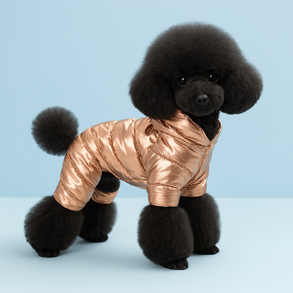 Small black dog wearing a rose gold puffer coat on a light blue background pet clothing at furrywags