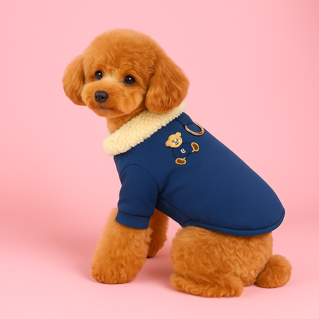 Small brown dog wearing a blue coat with a white collar on a pink pet supplies at furrywagsbackground