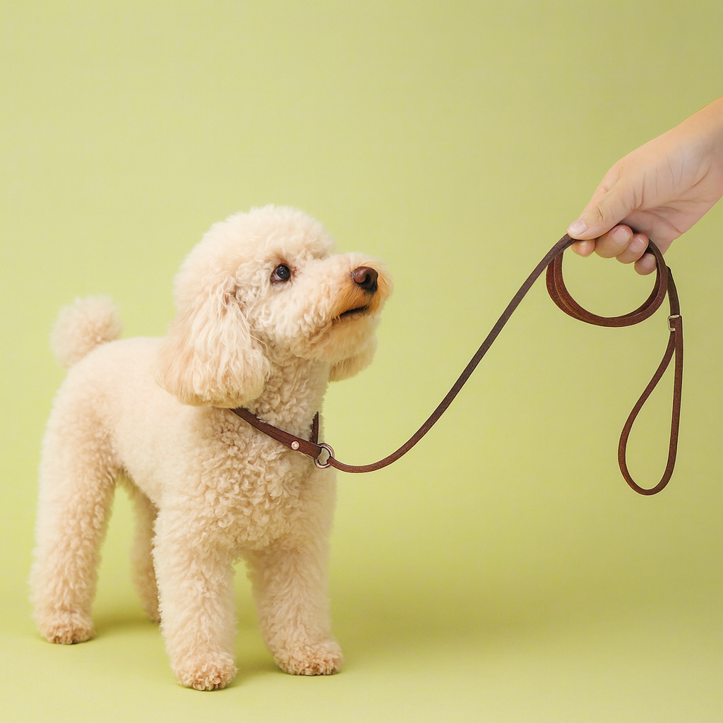 Small dog on a leash held by a hand against a light green background