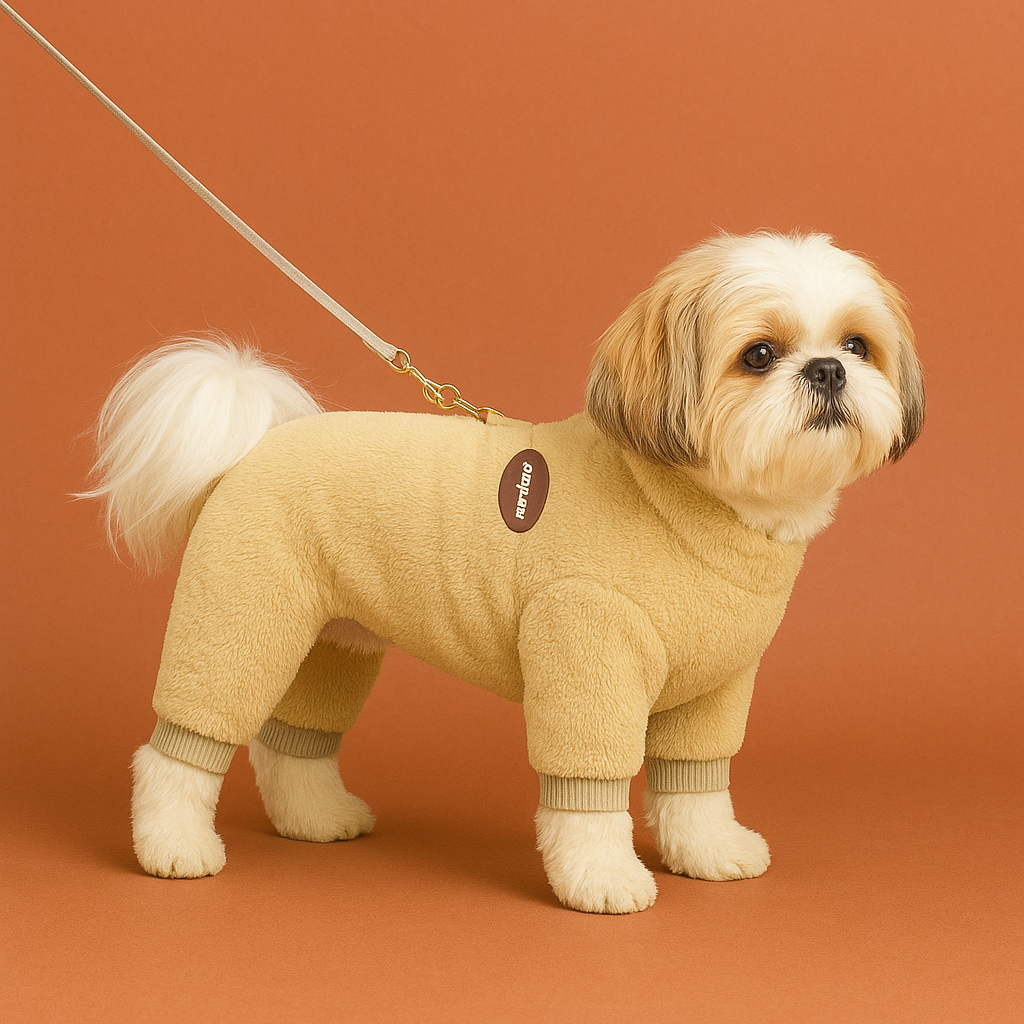 Small dog wearing a beige sweater on an orange background