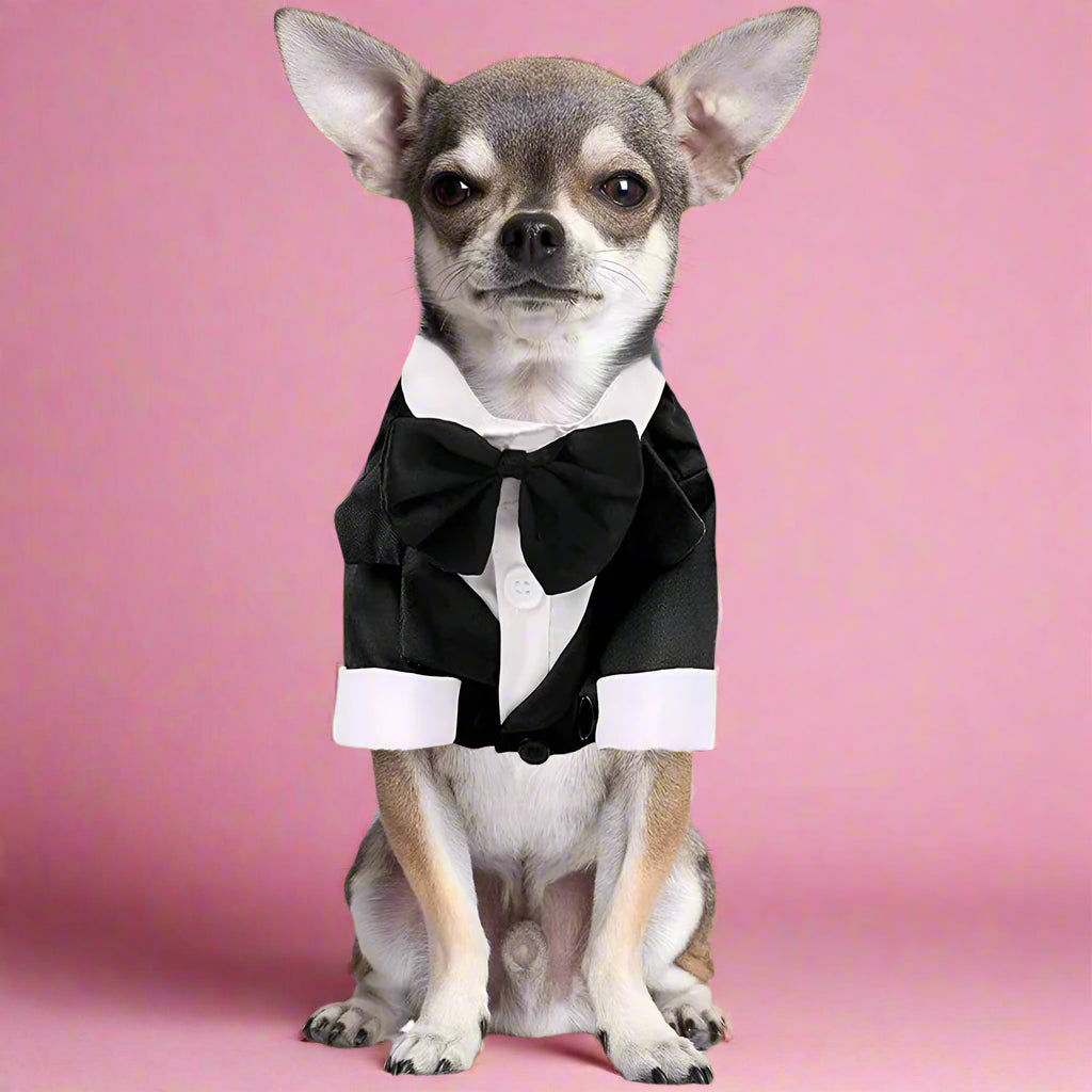 Small dog wearing a black bow tie and white shirt on a pink background