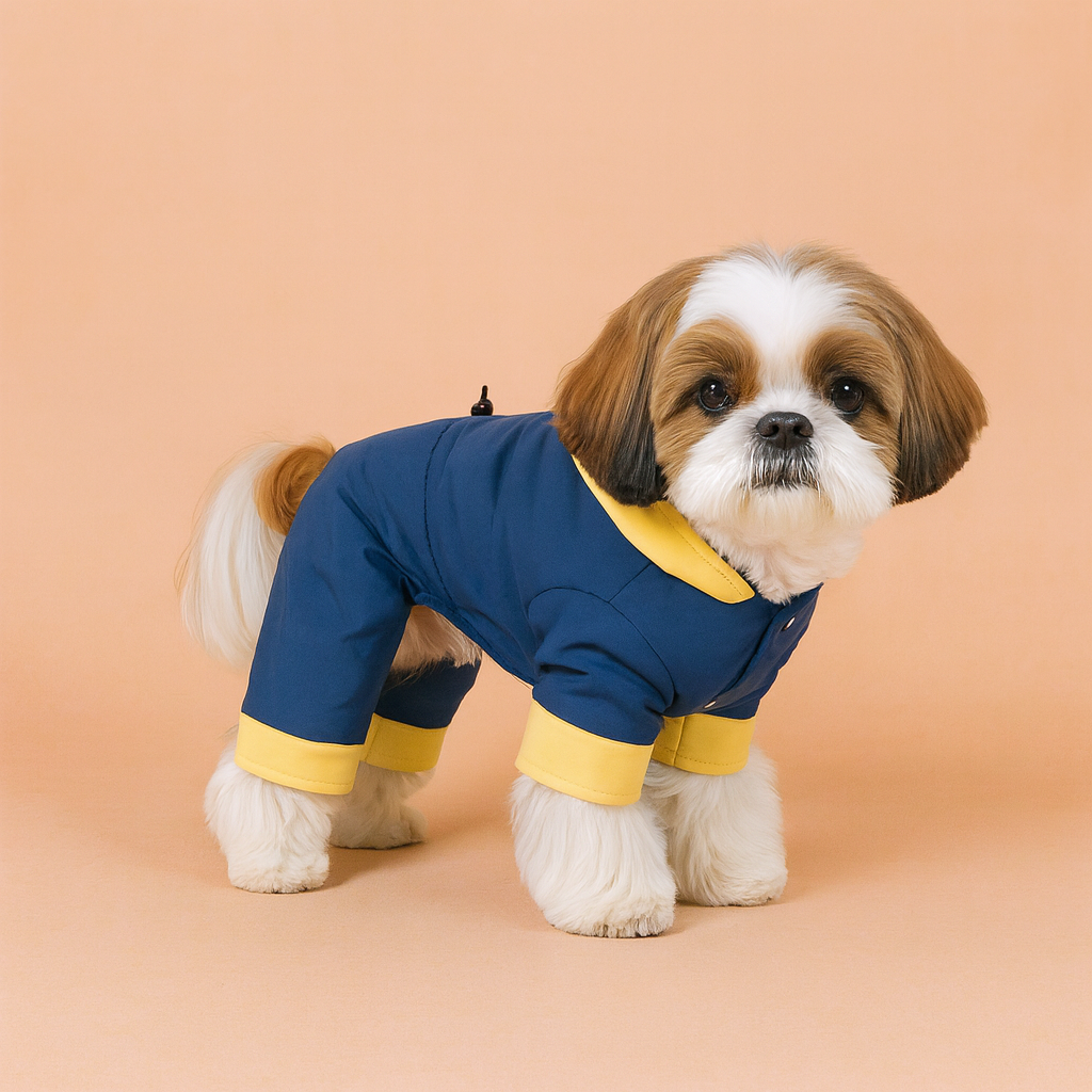 Small dog wearing a blue and yellow outfit on a beige background