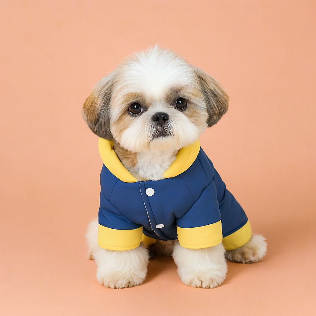 Small dog wearing a blue and yellow outfit on a peach background