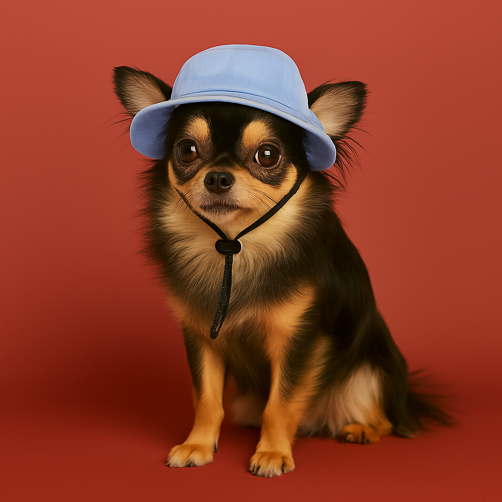 Small dog wearing a blue brim bucket hat on a red background
