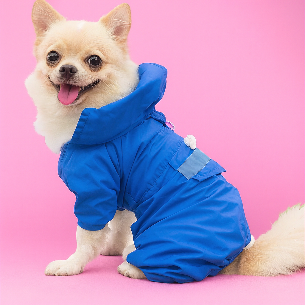 Small dog wearing a blue raincoat on a pink background