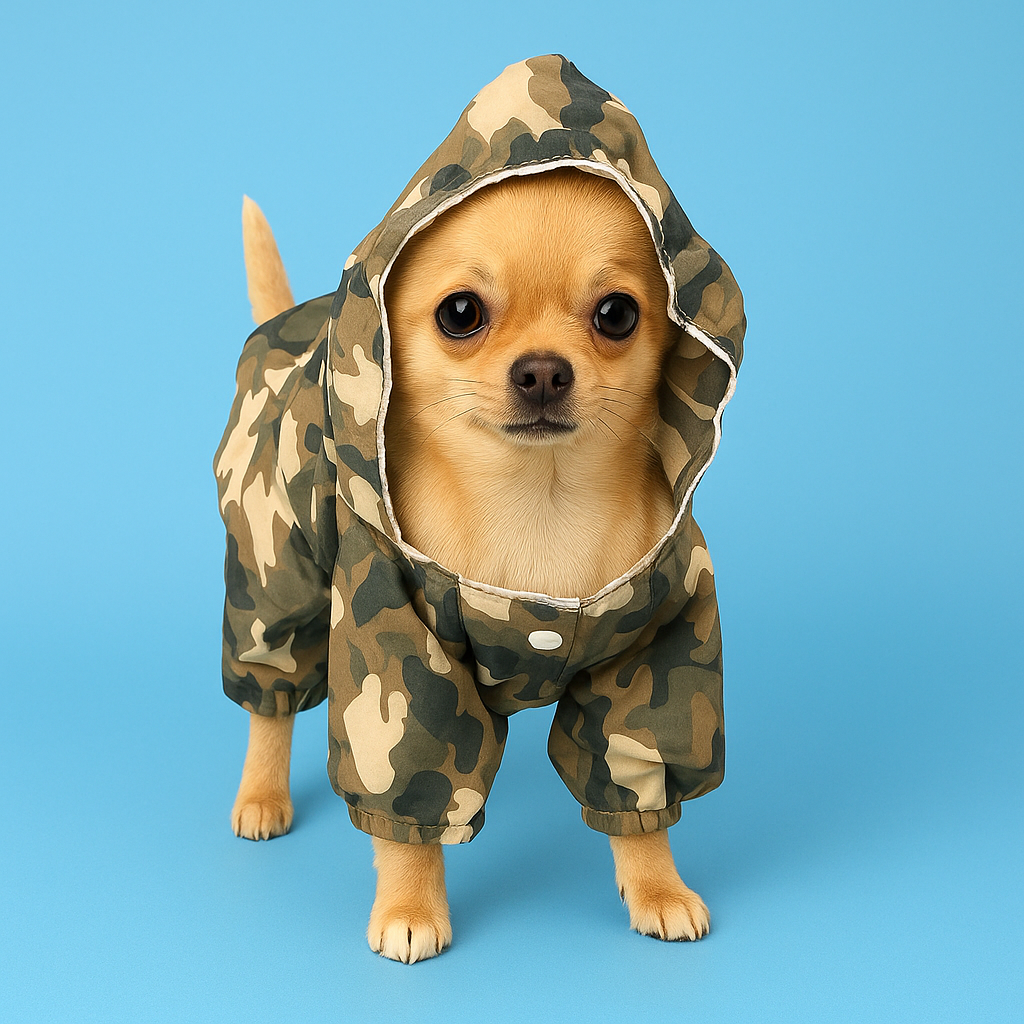 Small dog wearing a camouflage raincoat on a blue background