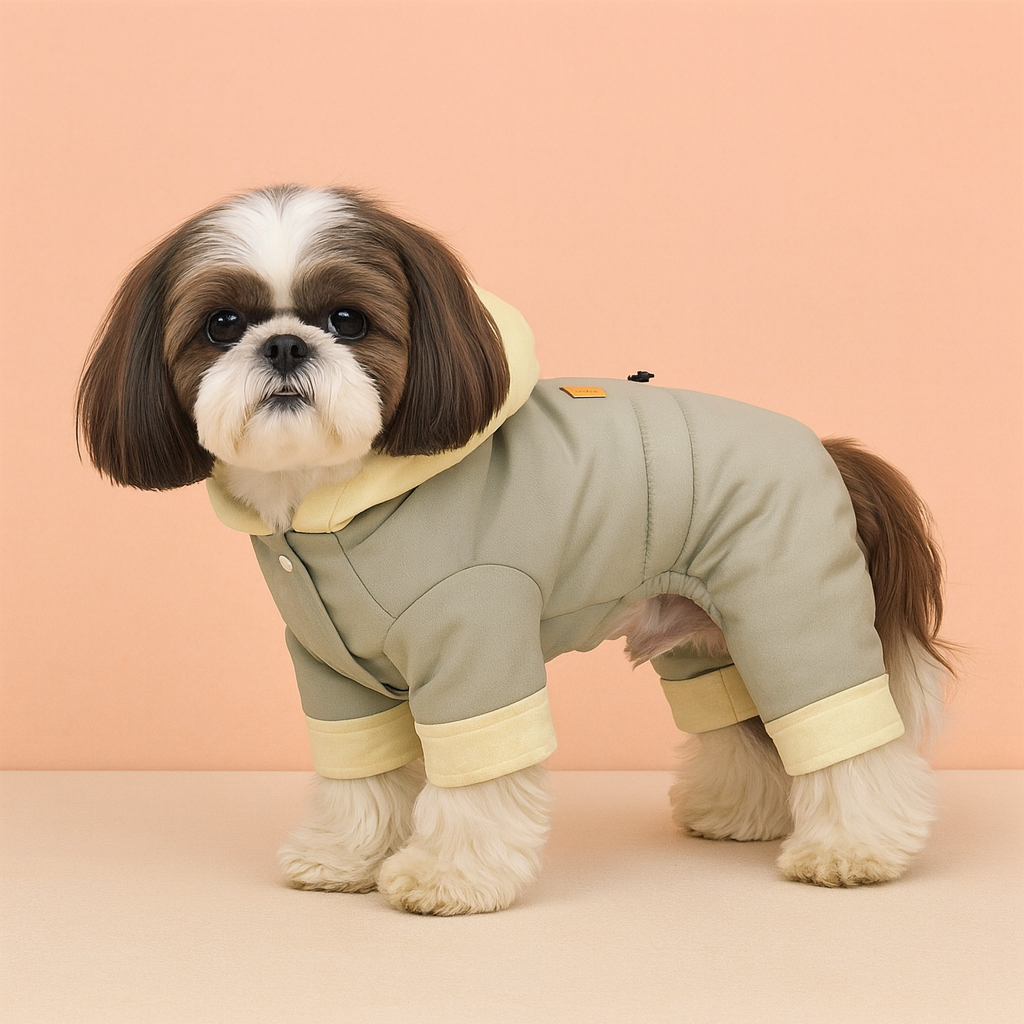 Small dog wearing a gray and yellow outfit on a peach background pet supplies at furrywags