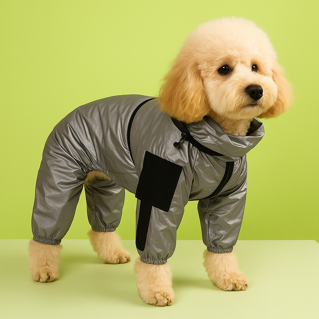 Small dog wearing a gray raincoat on a green background