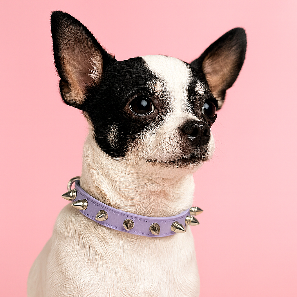 Small dog wearing a purple collar with spikes on a pink background
