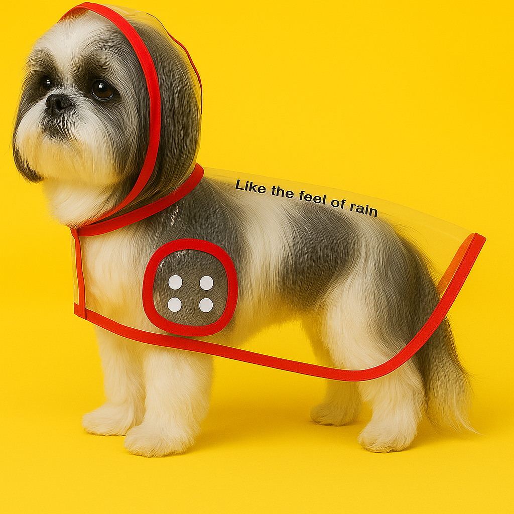 Small dog wearing a red raincoat on a yellow background with text.