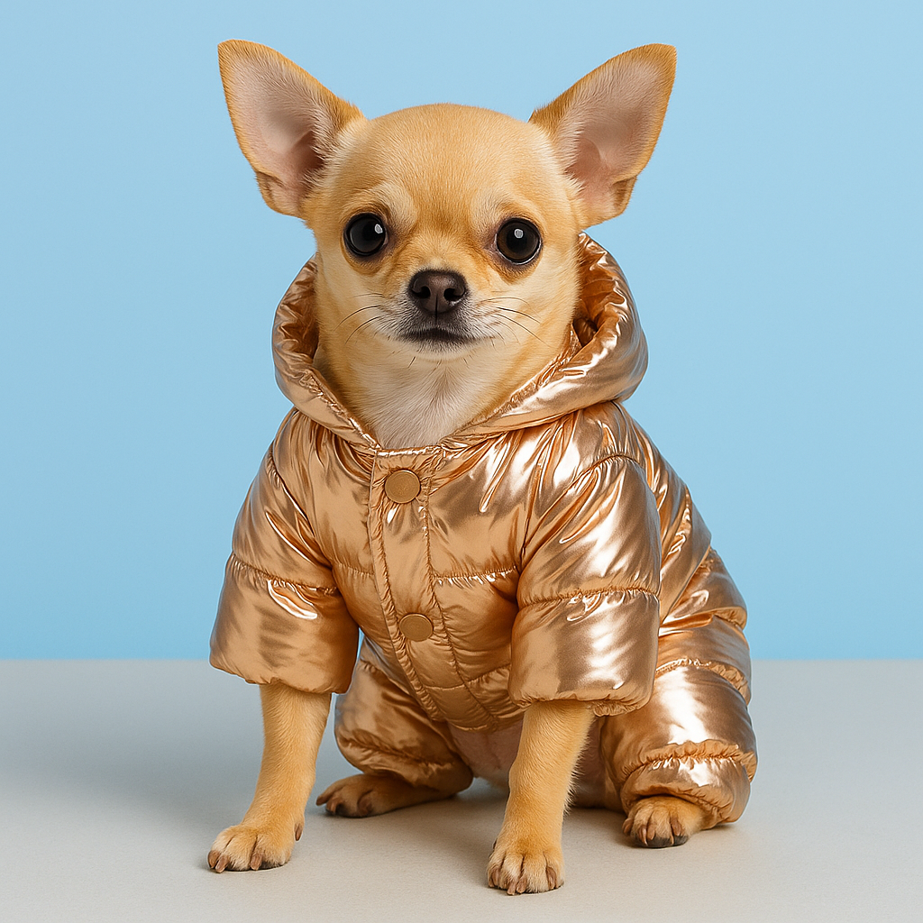 Small dog wearing a shiny gold puffer coat against a light blue background