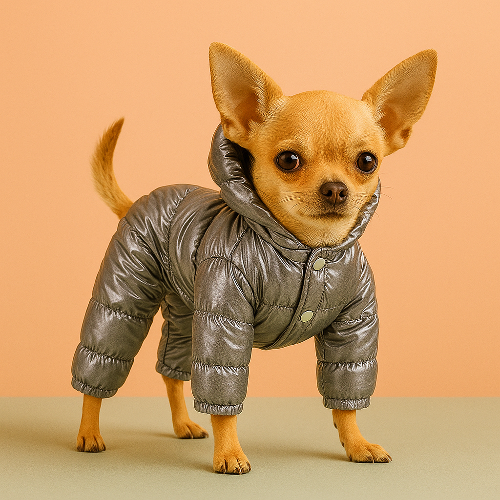 Small dog wearing a silver puffer coat against an orange background