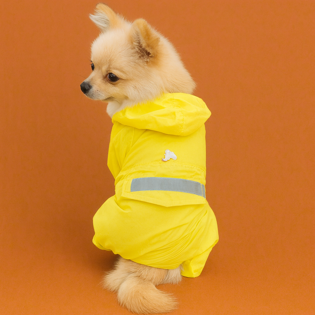 Small dog wearing a yellow raincoat with a reflective strip on an orange background