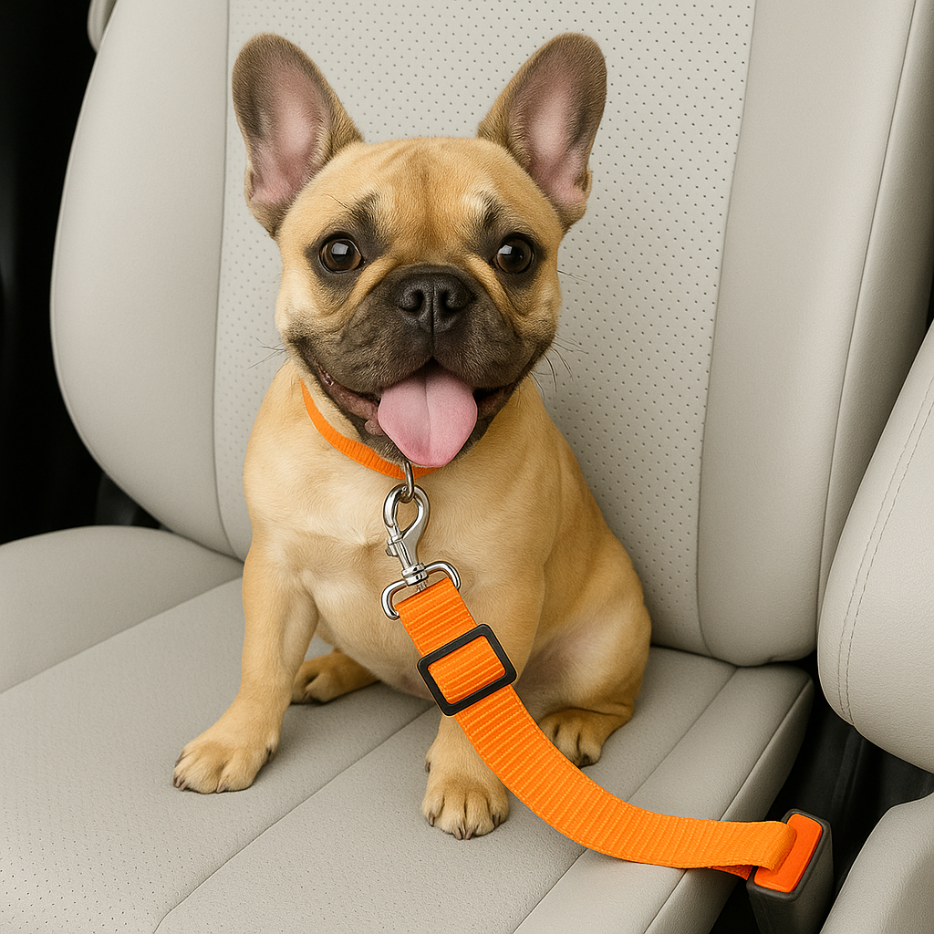 Small dog with an orange leash sitting in a car seat with car seat leash belt