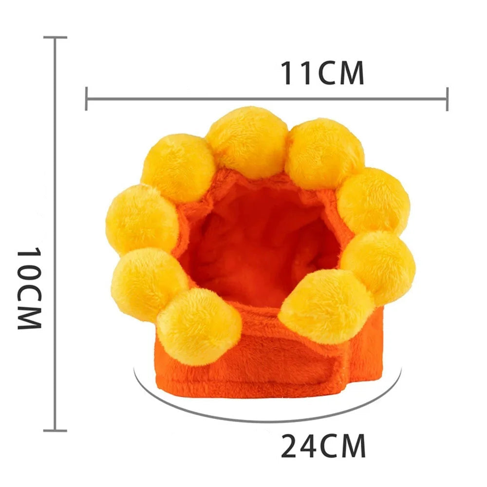 Small round pet hat with yellow balls on a white background, showing measurements.