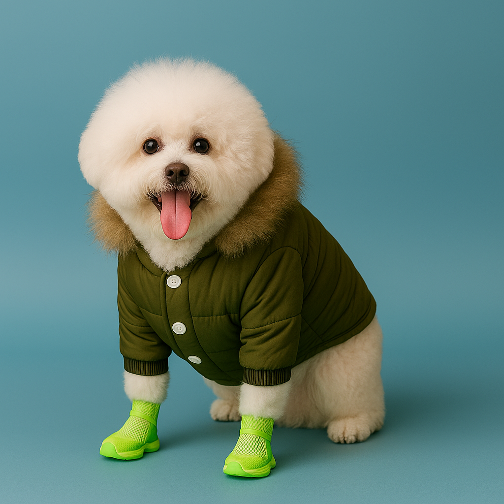 Small white dog wearing a green coat and green boots on a blue background