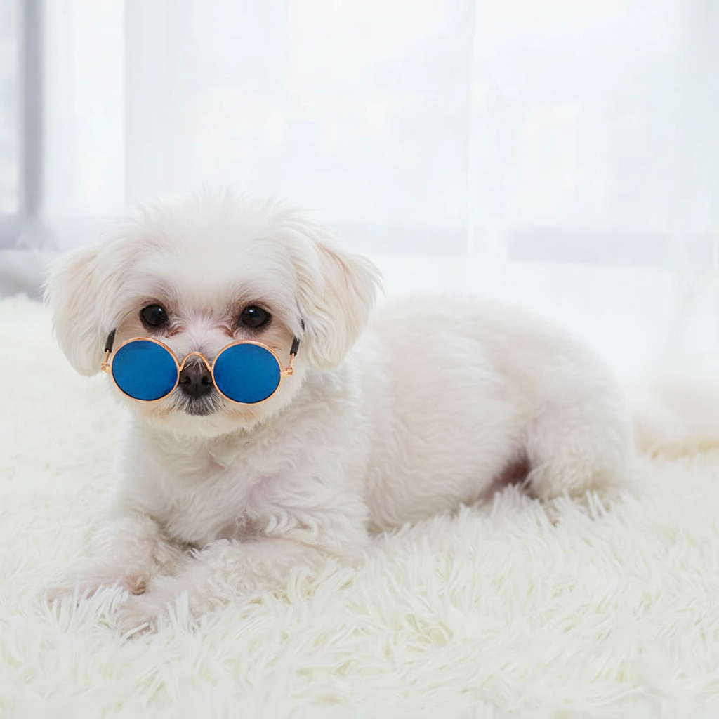 Small white dog wearing blue round sunglasses