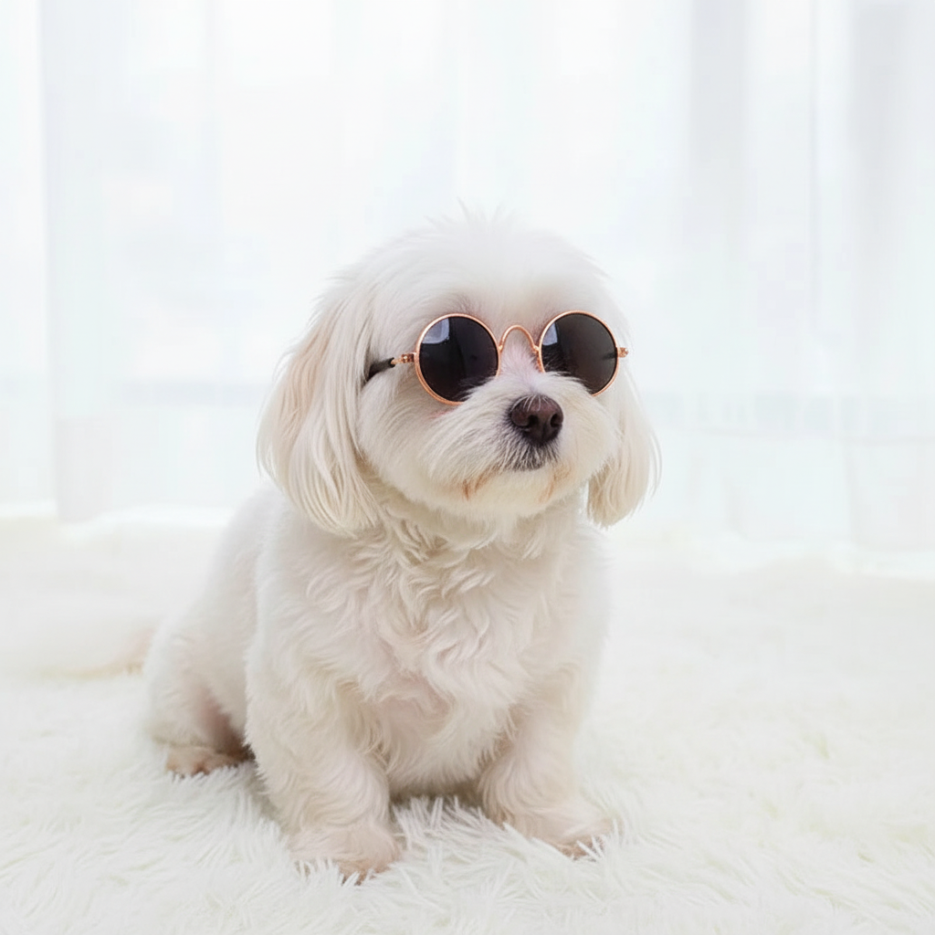 Small white dog wearing sunglasses