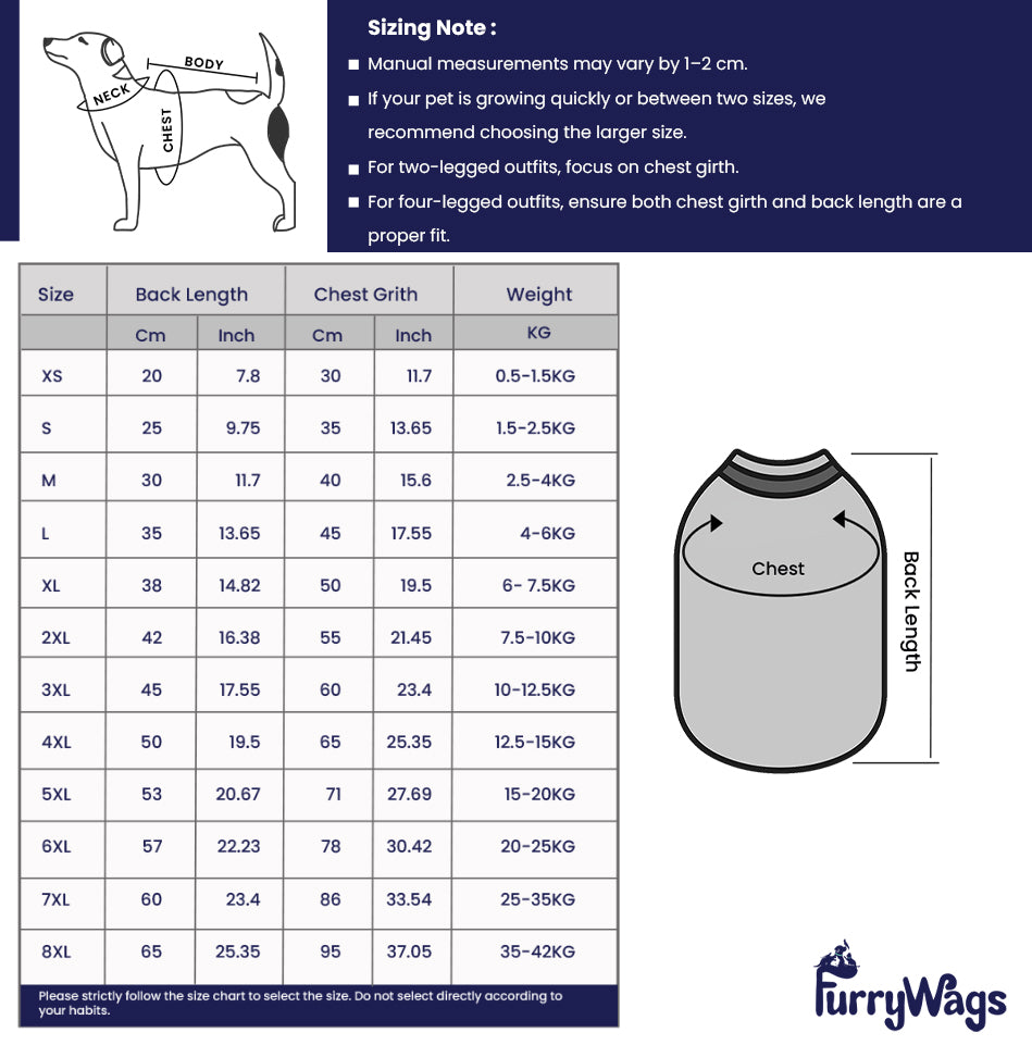 Sizing chart for dog outfits with measurements and Furry Wags branding.