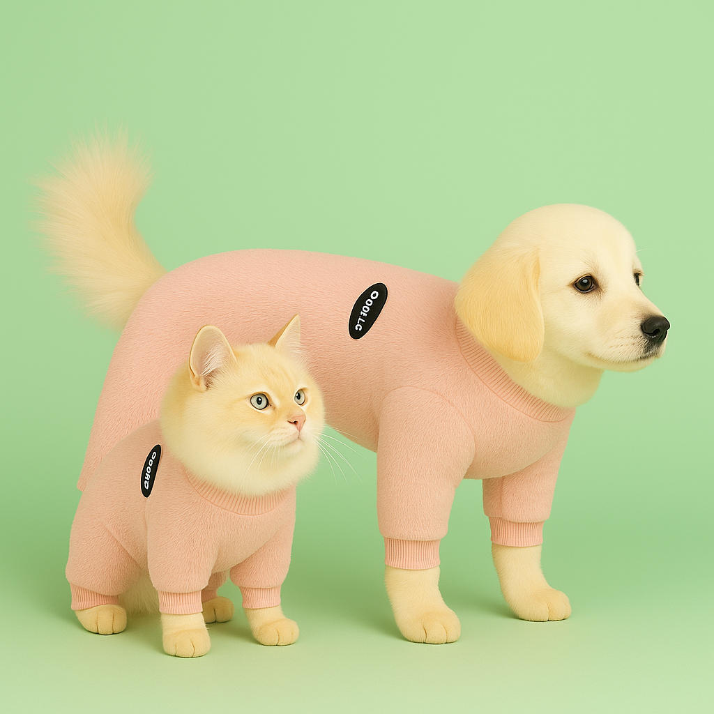 Two animals, a cat and a dog, wearing matching pink outfits on a green background.