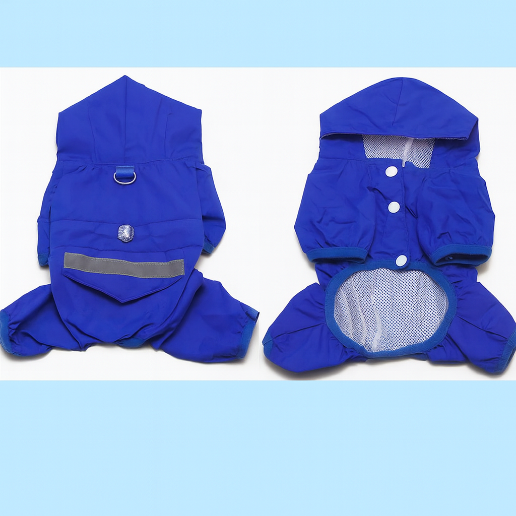 Two blue dog raincoats with mesh backs on a light blue background
