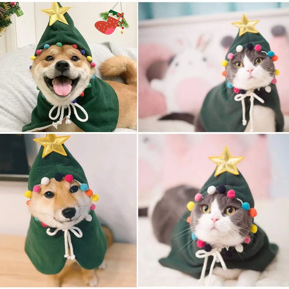 Two dogs and two cats wearing Christmas tree-themed dress with lights.