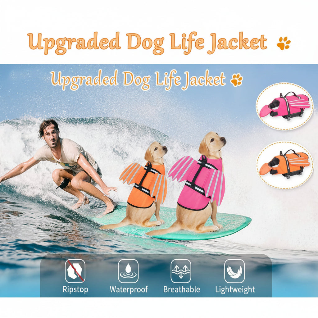 Two dogs wearing life jackets 