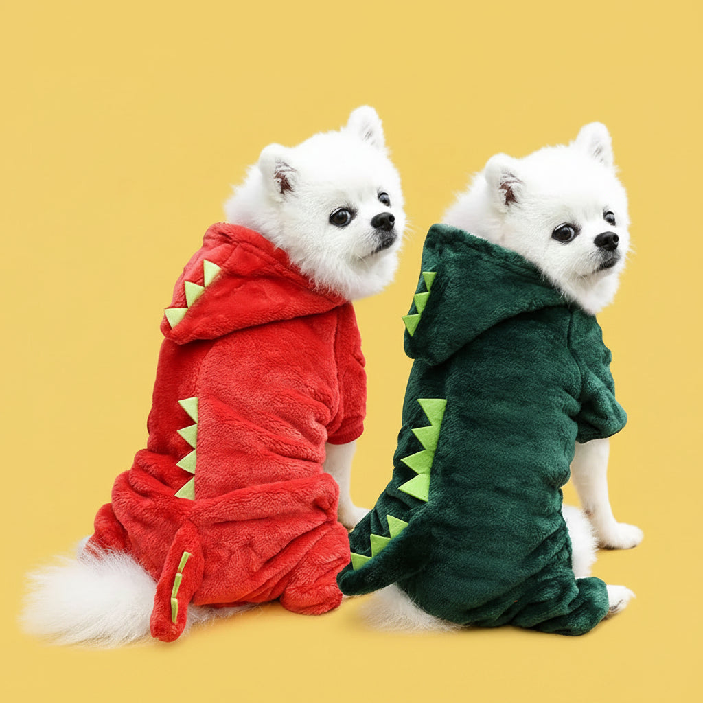Two small dogs wearing red and green dinosaur-themed outfits