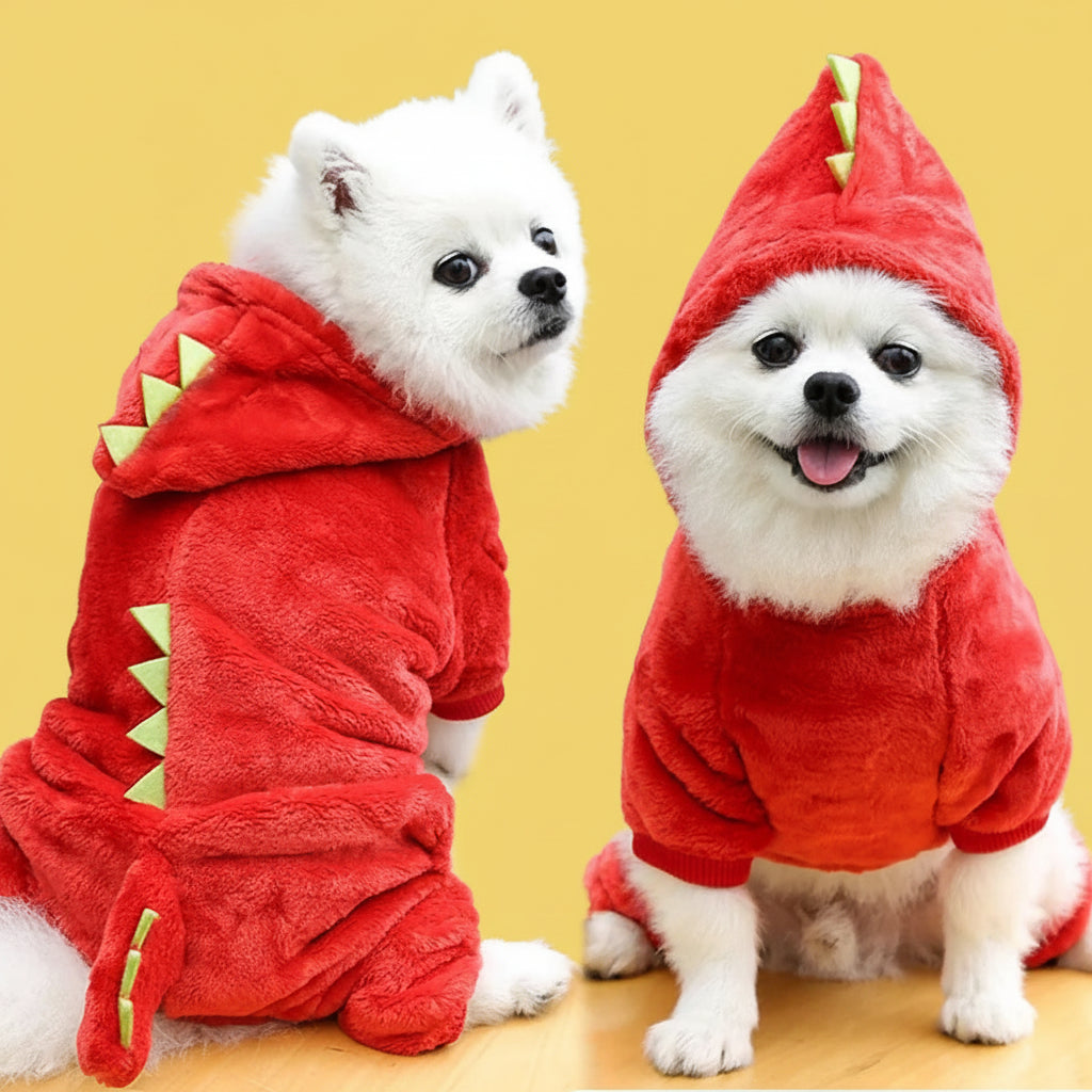 Two small dogs wearing red dinosaur-themed outfits dog party dress