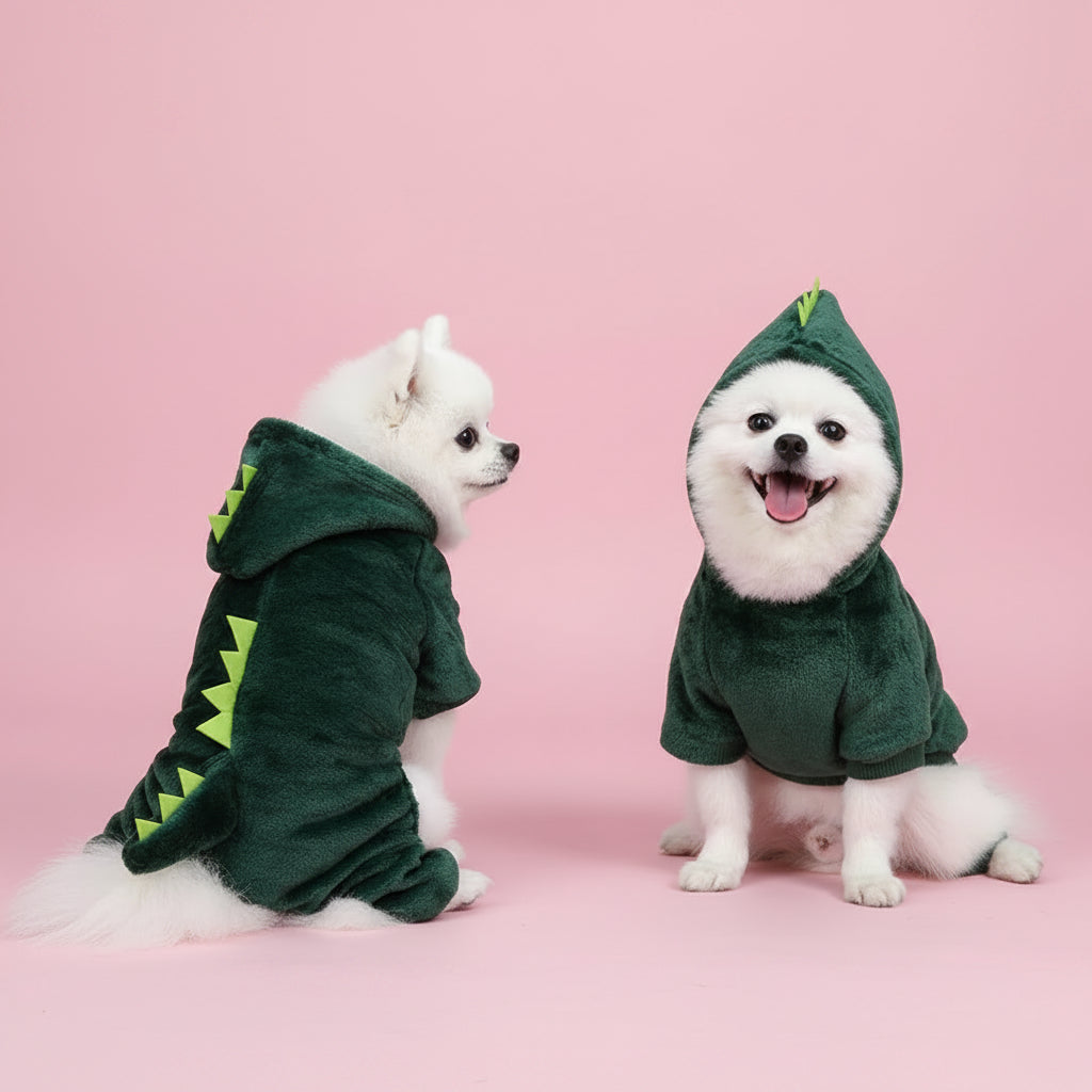 Two white dogs wearing green dinosaur-themed outfits standing on a wooden floor.