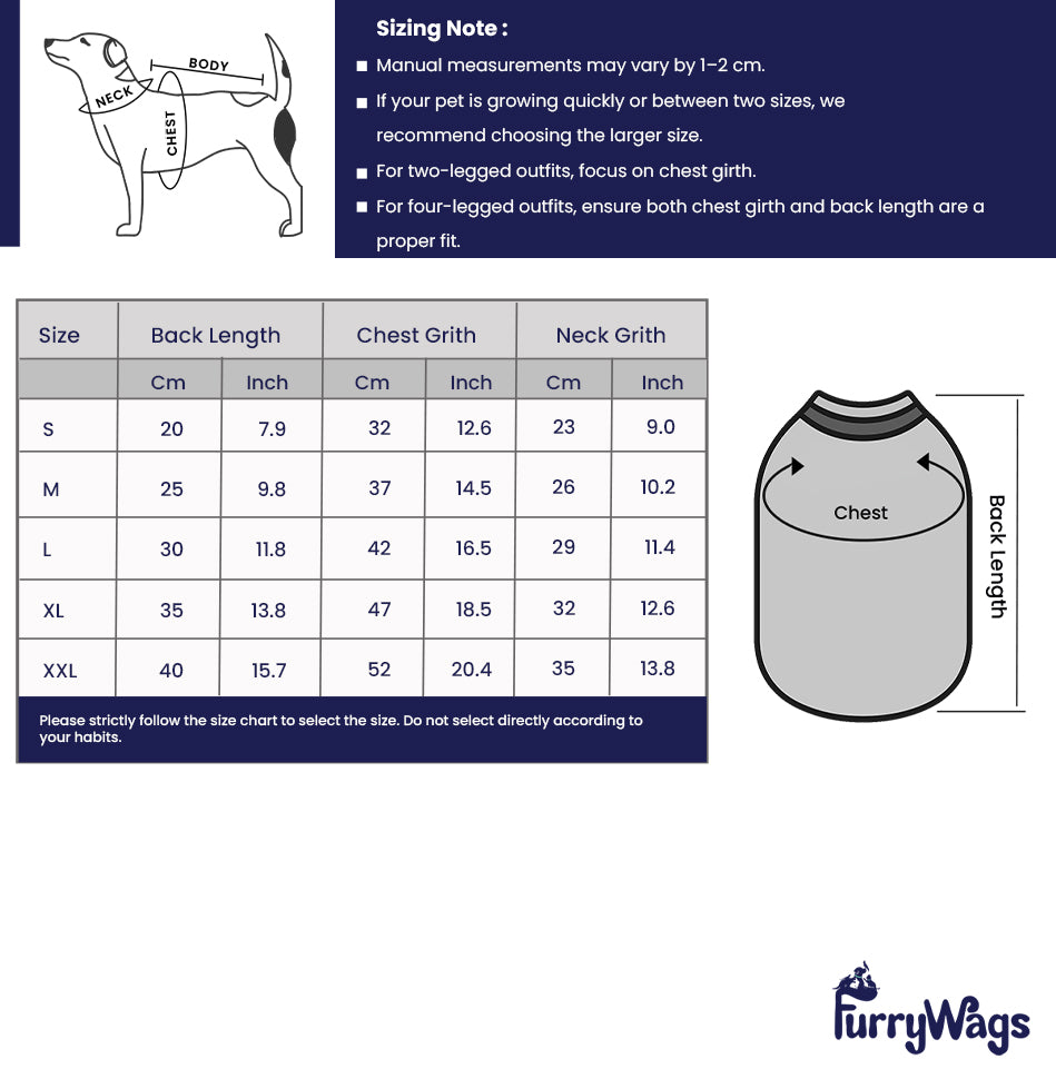 FurryWags size chart for pet clothing with measurements and illustrations.