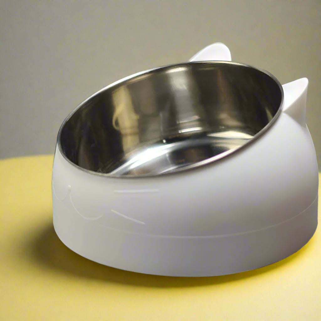 White Tilted Pet Bowl Non-Slip Raised Cat Dog Feeder