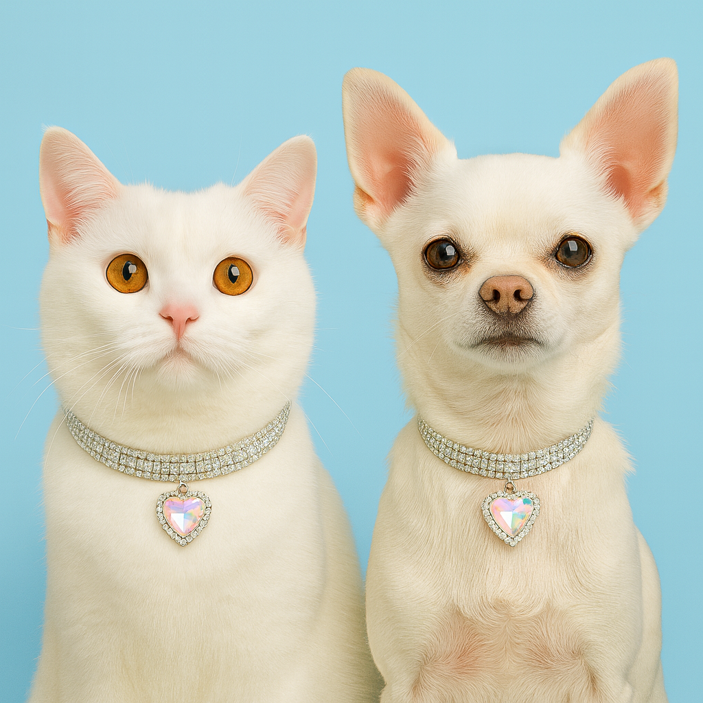 White cat and dog wearing decorative collars with heart-shaped charms necklace on a light blue background