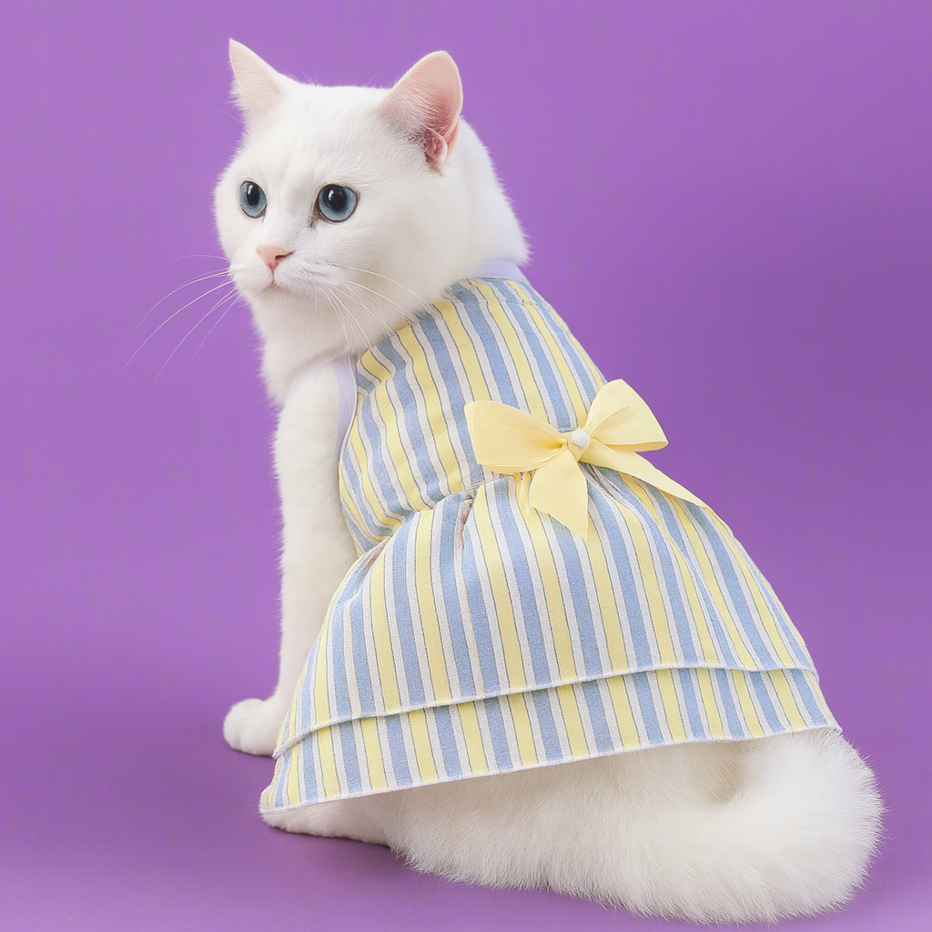 White cat wearing a blue and yellow striped dress with a bow on a purple background
