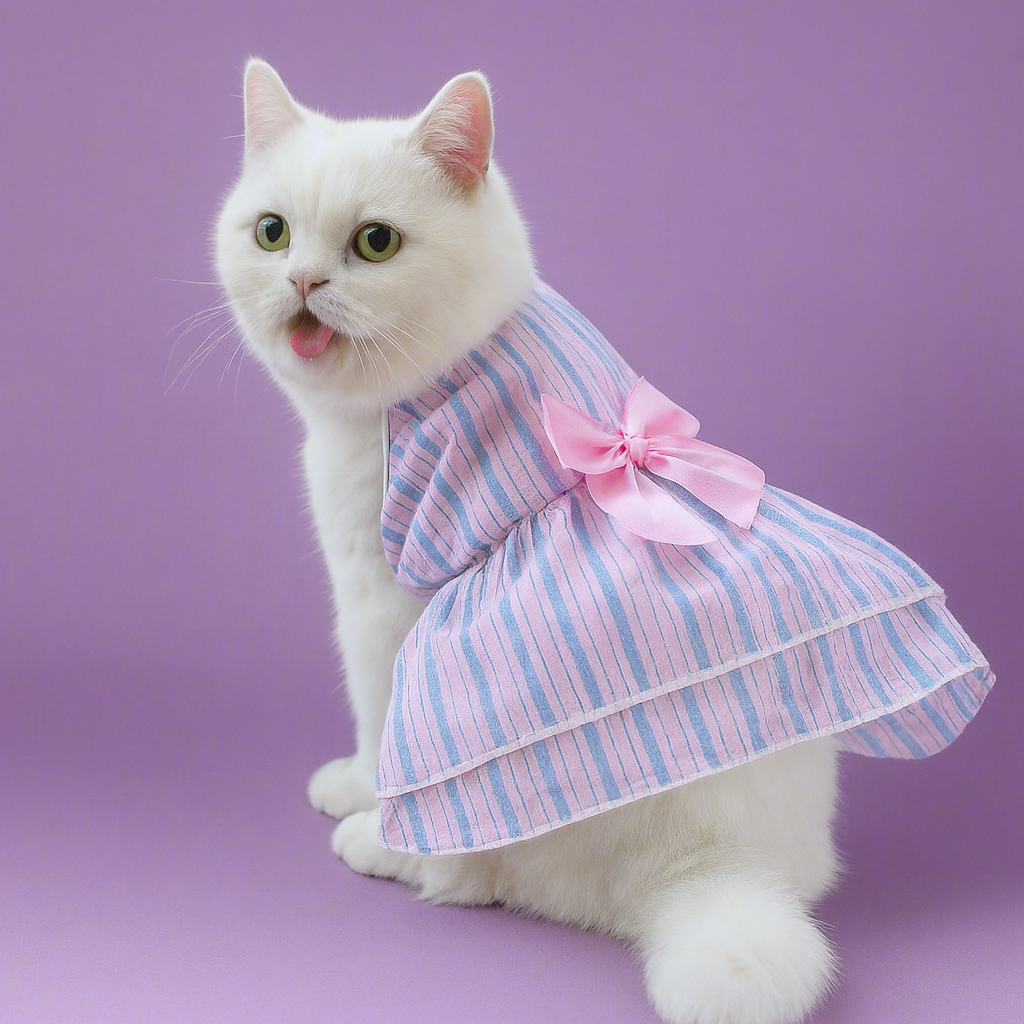 White cat wearing a pink and blue striped dress with a bow on a purple background