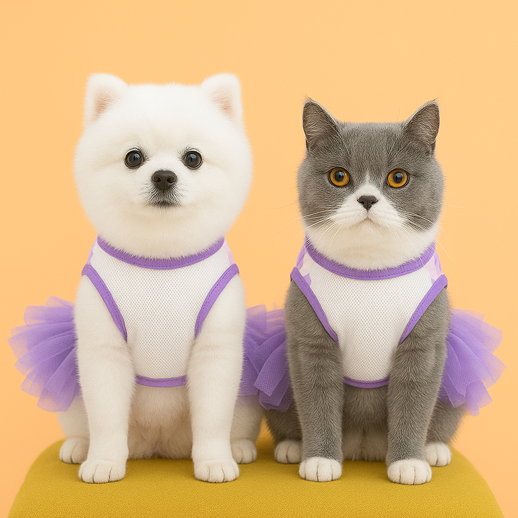 White dog and gray cat wearing purple tutus on a yellow background