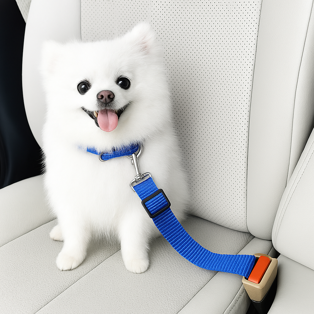 White dog sitting in a car with a blue pet seat belt.