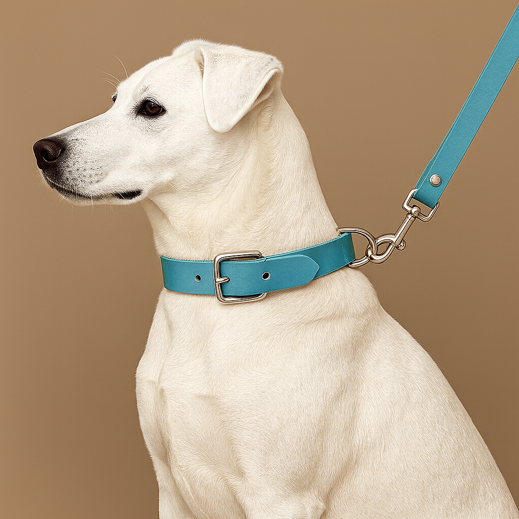 White dog wearing a blue leather collar on a brown background
