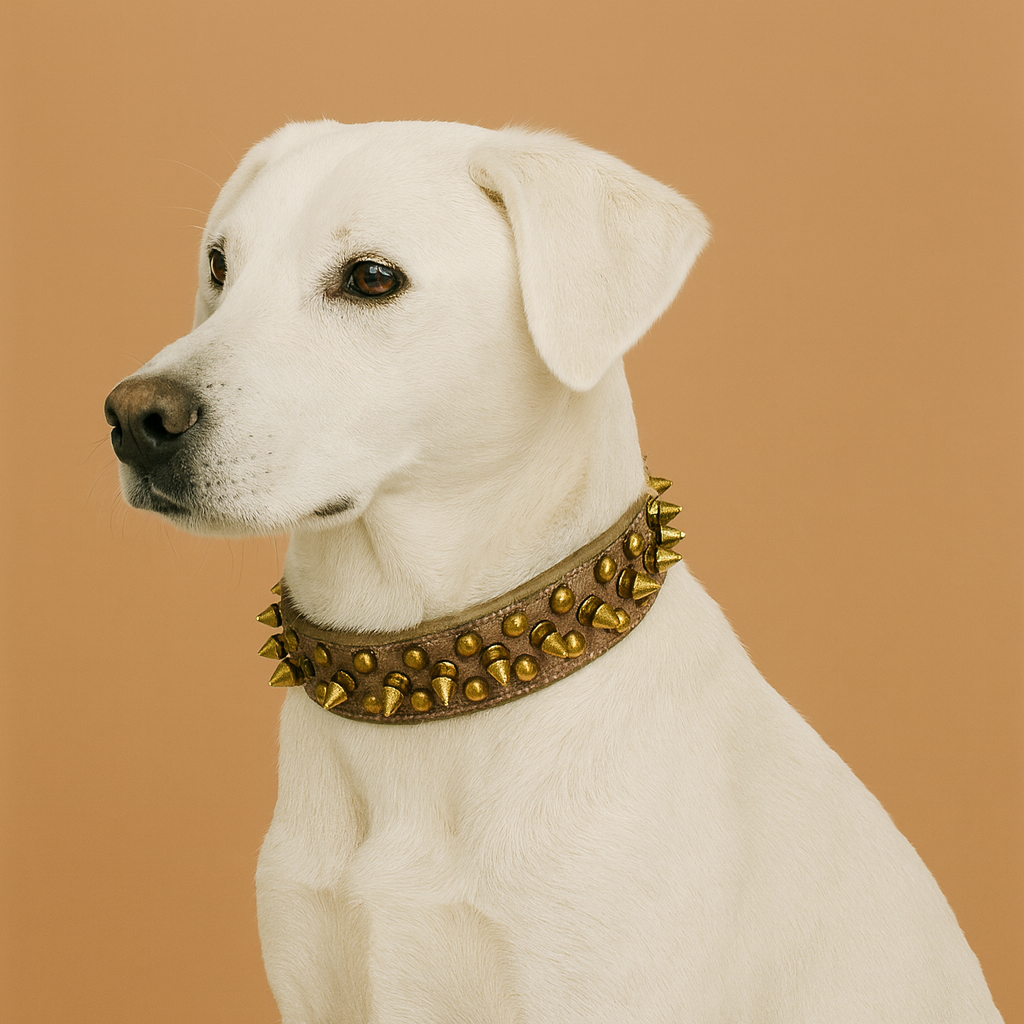 White dog wearing a brown collar with gold studs on a beige background