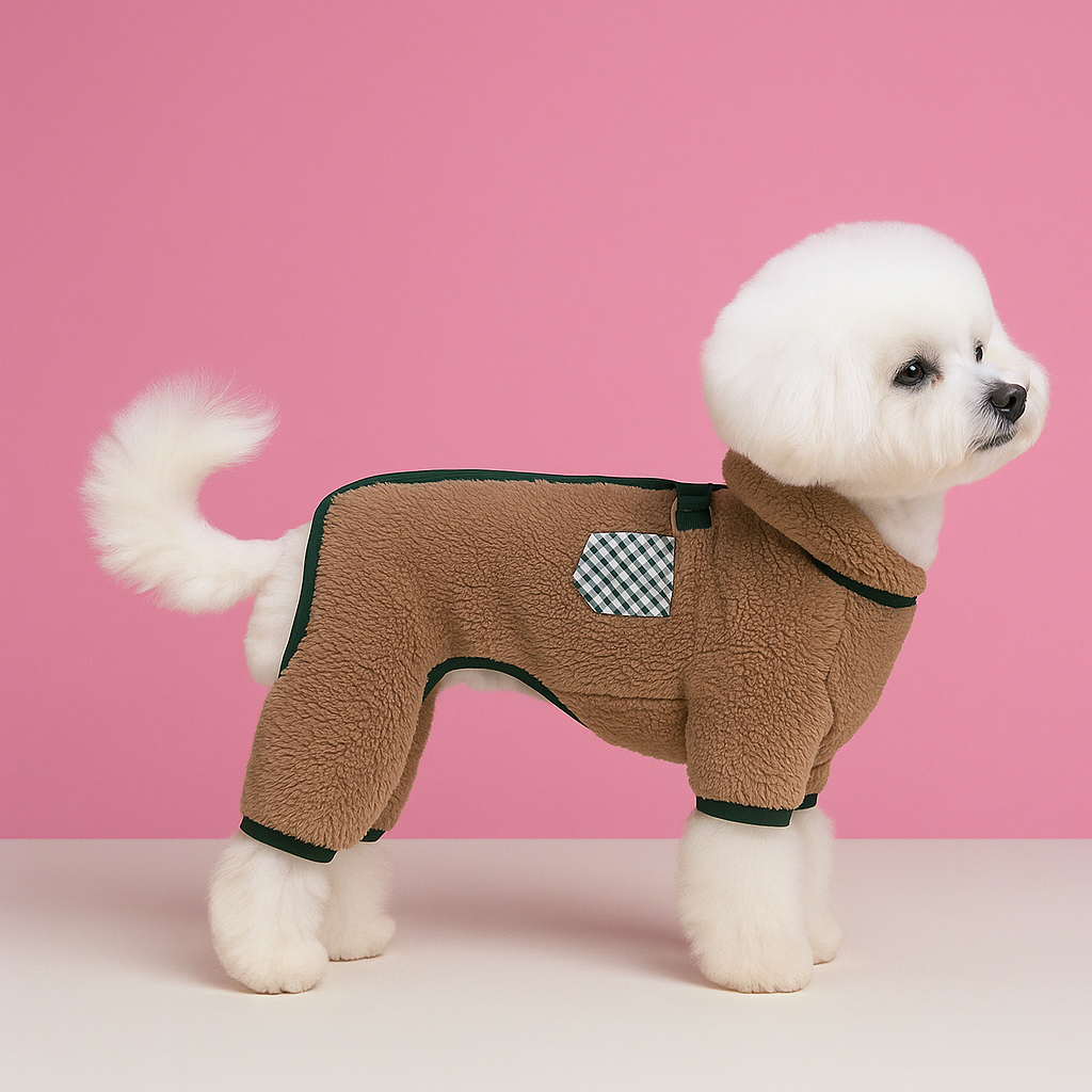 White dog wearing a brown fleece outfit with a pink background