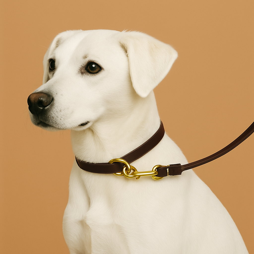 White dog wearing a brown leather collar and leash on a beige background
