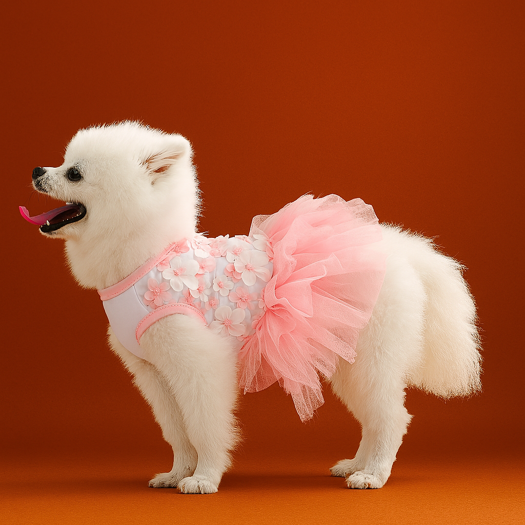 White dog wearing a pink floral dress on an orange background