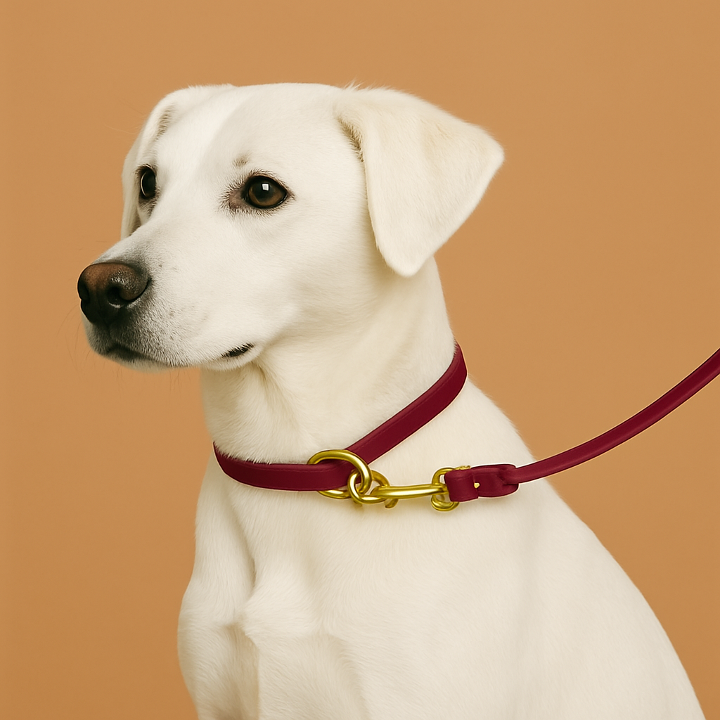 White dog wearing a red collar and leash on a brown background
