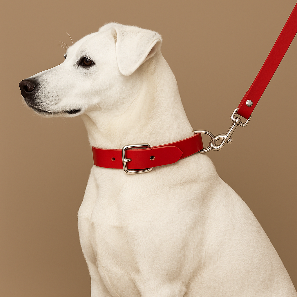White dog wearing a red collar and leash on a brown background pet supplies at furrywags